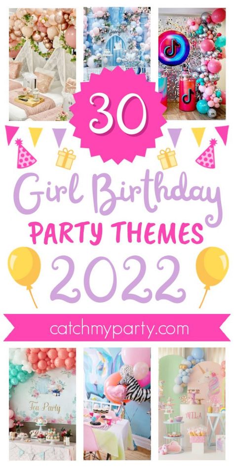 We are all itching to throw proper parties again, so to inspire everyone we've rounded up the most popular girl birthday party themes for 2022. See more party ideas and share yours at CatchMyParty.com Popular Party Themes 2023, Girl Birthday Party Themes, Girls 9th Birthday, 7th Birthday Party Ideas, 1st Birthday Party For Girls, 5th Birthday Party Ideas, Girls Birthday Party Themes, Search Party