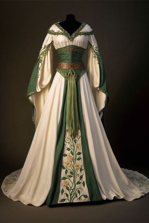 Medieval style Wedding Dress, inspired by forest flowers Gaun Abad Pertengahan, Fair Outfits, Old Fashion Dresses, Fantasy Dresses, Women's Outfits, Fantasy Gowns, Medieval Clothing, Medieval Dress, فستان سهرة