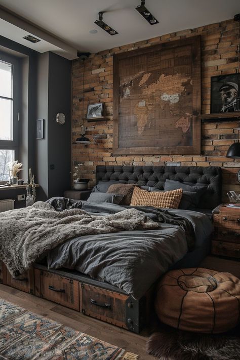 Studio Apartment Ideas For Men, Male Bedroom Ideas, Hipster Bedroom, Men's Bedroom, Western Interior, Best Bedroom Designs, Boys Bedroom Makeover, Masculine Bedroom, Apartment Stuff