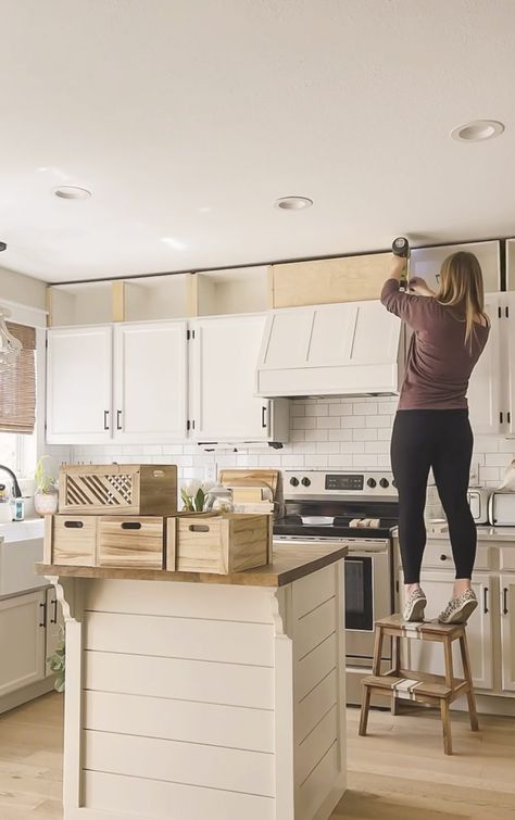 DIY Upper Cabinet Boxes Kitchen Update On A Budget Diy, Remodeling Kitchen Cabinets Diy, Inexpensive Kitchen Updates, Kitchen Cabinet End Panel Ideas, Gap Above Kitchen Cabinets, Diy Upper Kitchen Cabinets, Storage Above Kitchen Cabinets, Over Cabinet Storage, Ideas For Above Kitchen Cabinets