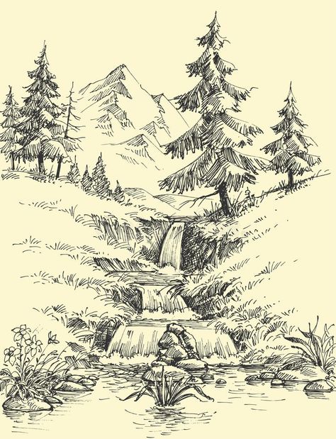 Illustration Composition, Landscape Pencil Drawings, Drawing Scenery, Christmas 2025, Nature Art Drawings, Mountain Drawing, Nature Sketch, Waterfall Landscape, Pen Art Drawings