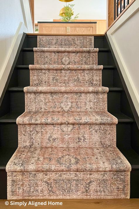 Step Runners Staircases, Diy Carpet Runner On Stairs, Painted Staircase With Runner, Basement For Teens, Paint Basement Stairs, Wood Stairs With Carpet Runner, Painted Stairs With Runner, Stair Riser Ideas, Vintage Stair Runner