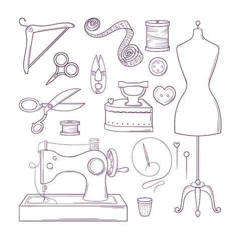 Fashion Tools Illustration, How To Draw A Sewing Machine, Sewing Materials Drawing, Fashion Doodles Illustration, Sewing Coloring Pages, Sewing Machine Sketch, Sewing Machine Painting, Sewing Sketch, Sewing Doodles