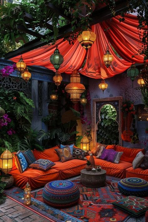 Bbq Pits Ideas, Indian Backyard Ideas, Boho Porch Ideas, Moroccan Outdoor Patio, Moroccan Patio Ideas, Unique Home Ideas, Bohemian Bedroom Decor Moroccan Style, Boho Outdoor Space, Small Porch Ideas