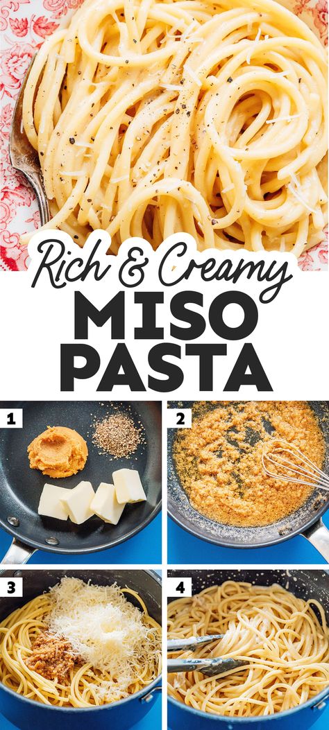 This miso pasta recipe is a simple and delicious weeknight dinner that only takes 5 ingredients and a few minutes to throw together. It's an easy dinner idea that's perfect for pasta night. Miso Paste Recipes, Miso Pasta, Vegetarian Asian, Miso Recipe, Miso Butter, Vegetarian Recipes Lunch, Vegetarian Italian, Butter Pasta, Pasta Night