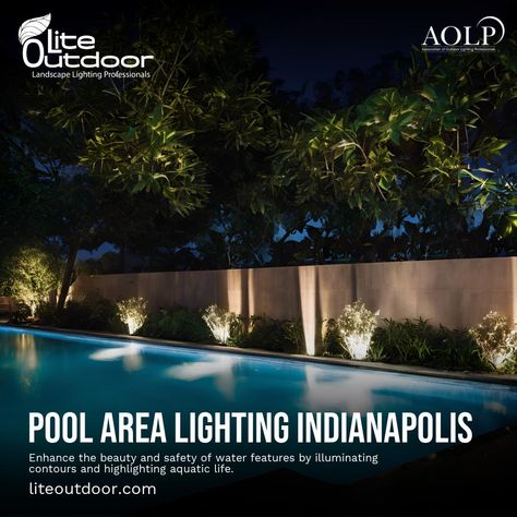 Transform your poolside evenings! Our custom lighting designs create the perfect ambiance for a relaxing night swim. Dive into elegance with our expertly installed pool area lighting. Discover more at liteoutdoor.com/pond-pool-area-lighting-indianapolis/ #LiteOutdoor #landscapelighting #outdoorlighting #gardenlighting Landscape Lighting Around Pool, Pool Lights At Night Backyard, Pool Enclosure Lighting, Pool Lights At Night, Submersible Led Pool Lights, Night Swimming, Outdoor Landscape Lighting, Area Lighting, Pool Area