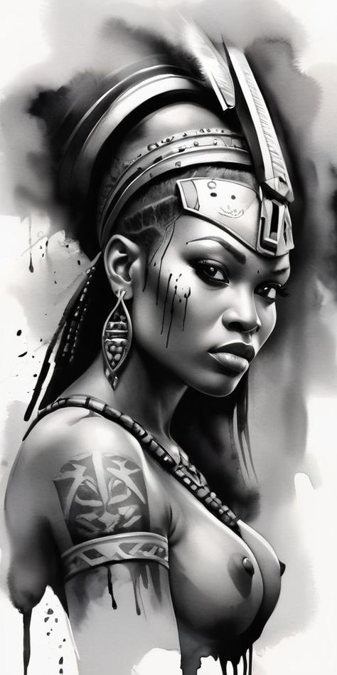 Woman Warrior Tattoo Design, Black Warrior Tattoo, African Warrior Women, Black Warrior Woman, Woman Warrior Tattoo, African Tattoo Ideas, Warrior Tattoo Design, African Warrior Tattoos, Aztec Warrior Tattoo