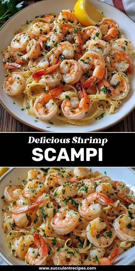 Whip up this Quick and Easy Shrimp Scampi Recipe in just 20 minutes! Juicy shrimp, garlic, butter, and white wine come together for a delicious, restaurant-quality meal at home. Dishes With Shrimp Dinners Easy Recipes, Shrimp Scampi Meal Ideas, Parmesan Crusted Shrimp Scampi, Shrimp Pasta Olive Oil Garlic, Quick And Easy Shrimp Scampi, Shrimp Scampi Frozen Shrimp, Shrimp For Dinner Recipes, Easy Seafood Dishes, Shrimp And Fettuccine Recipes