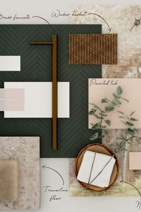 Material Board for a bathroom design Spa Relaxing, Herringbone Tiles, Green Tile Bathroom, Materials Board Interior Design, Material Board, Interior Design Boards, Interior Design Mood Board, Bathroom Spa, Green Tile