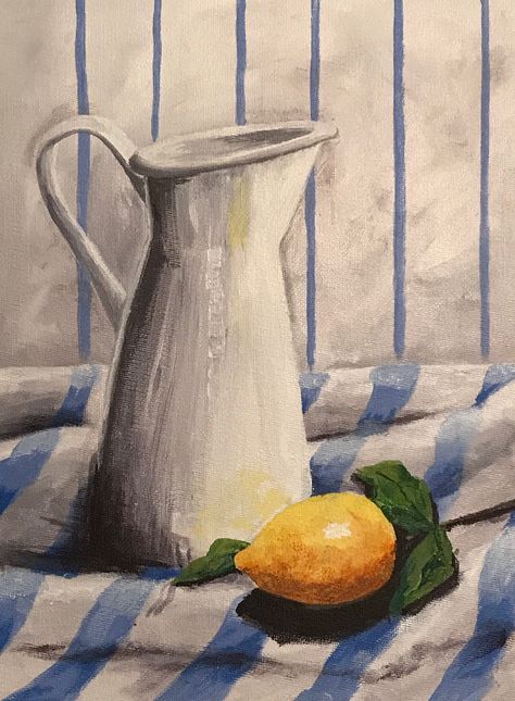 Lemon, Jug and fabric still life in Acrylic paint Contemporary Still Life Painting, Simple Still Life Painting, Jug Painting Ideas, Still Life Painting Easy, Fabric Still Life, Acrylic Still Life Paintings, Jug Drawing, Easy Still Life Painting, Still Life Painting Acrylic