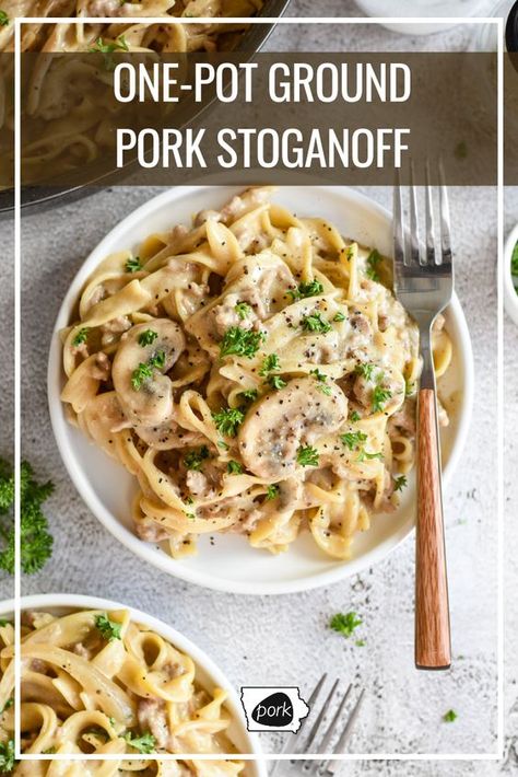 This simple one pot Ground Pork Stroganoff has "easy weeknight meal" written all over it!! Ground Pork Stroganoff, Ground Pork Lunch Recipes, Ground Pork Recipes For Dinner Pasta, Ground Pork Crockpot Recipes, Pork Stroganoff Recipes, Ground Pork Pasta, Recipes With Ground Pork, Ground Pork Casserole, Ground Pork Recipes For Dinner