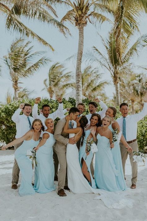 Pretty Beach Weddings, Blue Bridsmaid Dresses, By The Beach Wedding, Blue Wedding Beach Theme, Hawaiian Wedding Photos, Blue And Tan Beach Wedding, Destination Wedding Pictures Photo Ideas, Wedding Ideas On Beach, Weddings On A Beach