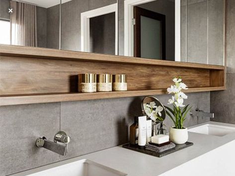 Shelf Under Mirror, Bathroom Closet Designs, Rock Kitchen, Home Ideas Bathroom, Modern Washroom, Medicine Cabinet Shelves, Washroom Ideas, Bathroom Mirror Makeover, Cloak Room