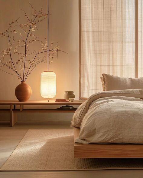 Japandi Home Style, Home Decor Ideas Minimal, Soft Minimal Bedroom, Japandi Bedroom Lighting, Japandi Bedroom Decor, Japanese Inspired Room, Soft Minimalism Interior, Home Interior Design Minimalist, Bedroom Ideas Japandi