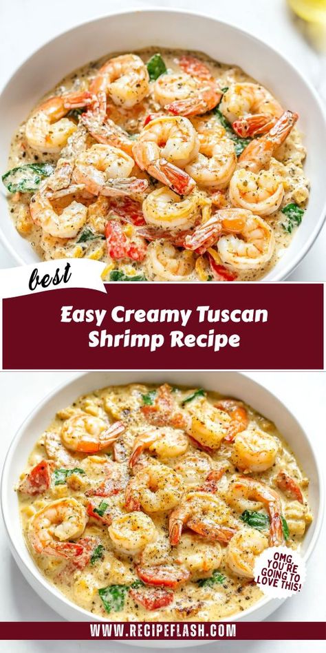 Treat yourself to this Easy Creamy Tuscan Shrimp Recipe, where rich flavors meet simplicity. Juicy shrimp bathed in a luscious cream sauce with vibrant spinach and sun-dried tomatoes create a delightful dish. Perfect for impressing guests or enjoying a cozy night in, this recipe is a must-try for shrimp aficionados. Fish With Cream Sauce, Fresh Shrimp Recipes, Shrimp Cream Sauce, Creamy Tuscan Shrimp, Spinach Cream Sauce, Tuscan Shrimp, Sun Dried Tomato Sauce, Tuscan Recipes, Shrimp Sauce