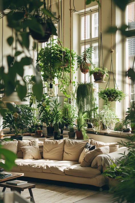 Add a touch of greenery with hanging plants. #Plants #GreenThumb #Houseplants #InteriorDesign #Accents #Home Large Window With Plants, Hanging Plant Inspiration, Indoor Plant Design, Hanging Plants Living Room, Hanging Plants Aesthetic, Hanging Plant Aesthetic, House Plant Display Ideas, Evergreen Room, Indoor Plants Styling Living Rooms