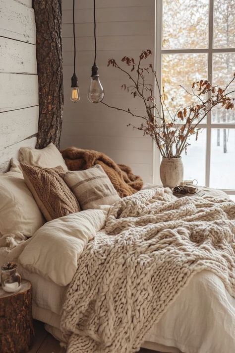 Bring warmth and comfort to your bedroom with cozy fall and winter themes. Use layers of soft blankets, plush rugs, and textured pillows to create a snug space. Opt for rich colors like burnt orange, deep reds, and forest greens. Add warm lighting with fairy lights or candles, and incorporate natural elements like wood and wool for an inviting seasonal look. 🍂🕯️ Christmas Room Inspiration, Textured Pillows, Plush Rugs, Ranch House Decor, Neutral Bedroom Decor, Winter Bedroom, Cozy Fall Bedroom, Cosy Bedroom, College Room