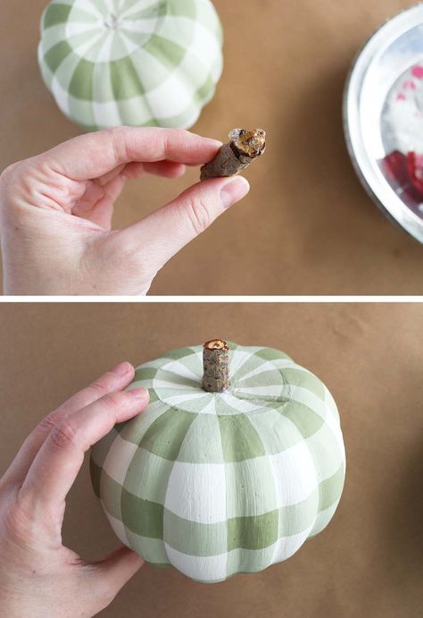 Turn tacky dollar store pumpkins into cute fall decorations! How to paint buffalo check pumpkins step by step! Plaid Painted Pumpkins, Plaid Pumpkin Painting, Checkered Pumpkin Painting, Pumpkin Carving Ideas Spooky, Pumpkin Wreath Ideas, Pumpkin Decor Diy, Cute Fall Decorations, Pumkin Designs, Diy Painted Pumpkins