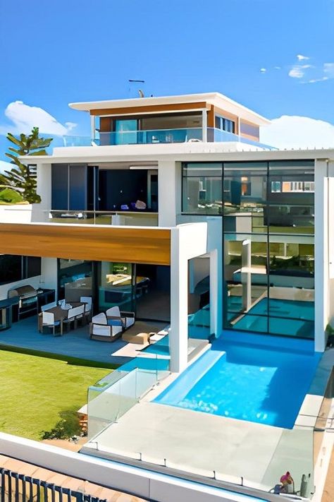 Beach House Design Ideas, House Styles Exterior, Beach Side House, Beach House Designs, Luxury Houses Mansions, Pool View, Luxury Modern Homes, Modern Style House Plans, House Arch Design