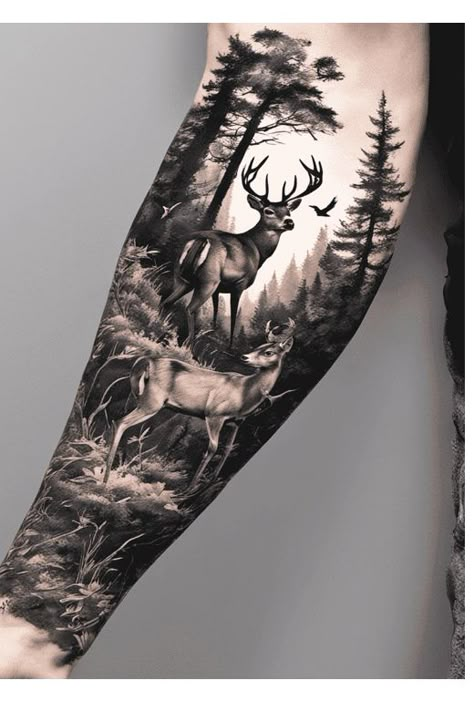 Lion And Deer Tattoo, Forearm Tattoo Men Sleeve Forest, Nature Animal Sleeve Tattoo, Mens Wilderness Tattoo, Forest Leg Tattoo Men, Guys Tattoo Ideas Arm, Mountain Tattoo Men Sleeve, Deer Tattoo Men Forearm, Forest Rib Tattoo