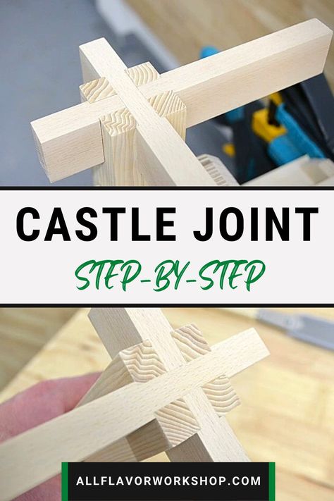 A castle joint, shiro joint or a 3 way joint is one of the strongest woodworking joints. It is a combination of a half lap cross joint and an intersecting bridle joint. It is often used to make benches, tables and other furniture where both strength and aesthetics is desired. If you are planning to make a coffee table or a bed this is the right woodworking joint for you. Learn step by step how to make a castle joint. A great weekend project for a woodworking beginner. #joinery #garageshop #diy Make A Coffee Table, Joinery Woodworking, Wood Joining, Woodworking Beginner, Coffee Table Ideas, Used Woodworking Tools, Workshop Plans, Woodworking Joinery, Wood Joints