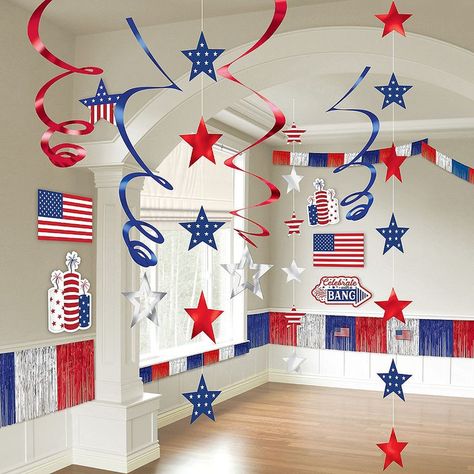 Usa Theme Party, Shane Eagle, American Party Decorations, Large Garland, Paper Flower Garlands, Usa Party, Mason Jar Lanterns, American Party, Fourth Of July Decorations