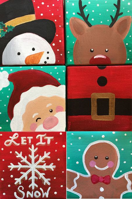 Paint 4 mini canvases to make ornaments to hang on your tree! Personalize and give away as gifts. Canvases are 4" X 4". Easy To Paint Canvas Ideas Christmas, Easy How To Painting Ideas On Canvas, Christmas Painting Ideas On Wood Easy, Winter Paintings On Canvas Easy Diy, Simple Thanksgiving Paintings On Canvas, Christmas Painted Canvas, Diy Christmas Signs Canvases, Painting Ideas On Canvas Gifts, Diy Canvas Art Painting Christmas