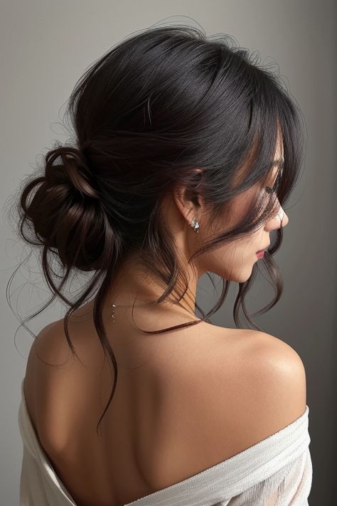 Hair Up With Bangs Wedding, Bridal Bun With Curtain Bangs, Wedding Hairstyles Bangs Updo, Low Bun Updo Prom, Low Bun Wedding Hair Bangs, Wedding Bun With Bangs, Updo Bangs Wedding, Black Tie Hair Updo, Bridesmaid Hair Curtain Bangs