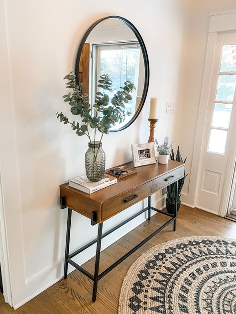 Entryway Rug Size Guide Farmhouse, Round Rug Hallway Entrance, Entryway Table With Round Mirror, Table By Door Entryway, Mirror By Front Door Entrance, Target Console Table Entryway, Entryway Round Mirror, Entry Table With Round Mirror, Console Table Round Mirror