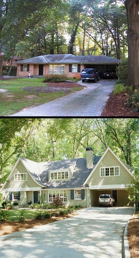 Before and after of a tired, brick, ranch. Hard to believe it's the same house! Ranch Remodel Before And After, Exterior Remodel Before And After, House Exterior Before And After, Ranch Renovation, Ranch House Remodel, Exterior House Renovation, House Makeovers, Exterior House Remodel, Ranch Remodel