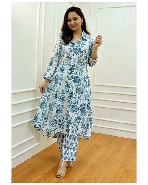 Indian suits Middle Cut Kurti Design, Plaza With Kurti, Frock Pant, Kurti Designs Latest Cotton Printed, Block Print Kurti Designs, Women Kurta Set, Printed Kurti Designs, Cotton Suit Designs, Set Kurti