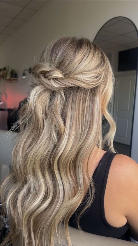 breanna cohoon | easy half up hairstyle 🫶🏼 . . . #hairtutorial #hairstyle #style #weddinghair #bridalhair #bridesmaidhair #weddinginspo #fallhairstyles... | Instagram Down Wedding Hairstyles With Braid, Wedding Hair Ideas With Extensions, Boho Bridal Hair And Makeup, Hair Upstyles Half Up Half Down, Half Hair Pulled Back, Half Up Half Down Wedding Hair Shoulder, Soft Curl Half Up Half Down, Hairdo Wedding Half Up, Half Up Half Down With Bun Wedding Hair