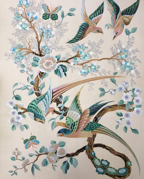 English Decoratives on Instagram: “Sneaky Peek of a new silk Chinoiserie. Inspired from oriental embroidered silks. I have used a similar decorative painting technique to my…” Chinoiserie Wall Panels, Decorative Painting Techniques, Chinoiserie Prints, Chinoiserie Panels, Chinoiserie Furniture, Kintsugi Art, Chinoiserie Art, Chinoiserie Design, Vietnam Art