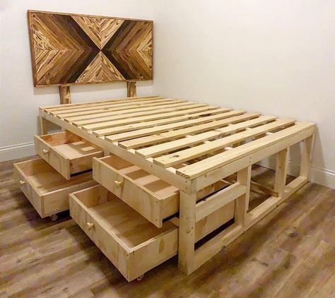 Bedframe Ideas, Homemade Bed Frame, Diy Seng, Wood Pallet Bed Frame, Homemade Beds, Wood Pallet Beds, Pallet Bed Frames, Pallet Bed Frame, Diy Pallet Bed