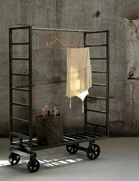 multi use • (coat rack or rolling closet) • (organizational rack in studio or kitchen) ~ industrial styling ~ from the line of 'pernile stoltz' ~ of 'madam stoltz' -denmark  ❀ ~  ◊  photo via 'remodelista' website Industrial Coat Rack, Clothes Hanging, Industrial Living, Deco Originale, Industrial Vintage, Industrial House, Clothes Rack, Rustic Industrial, Industrial Chic