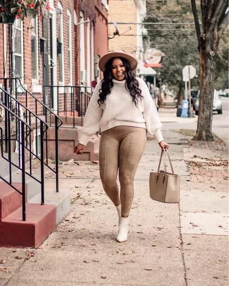 Spanx faux suede leggings outfit. #spanx #leggings #leggingsoutfit #falloutfit #LTKSeasonal #LTKunder100 #LTKstyletip Faux Suede Leggings Outfit, Nude Leggings Outfit, Cream Leggings Outfit, Tan Leggings Outfit, Beige Leggings Outfit, Suede Leggings Outfit, Camel Leggings, Mom Style Outfits, Cream Sweater Outfit