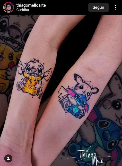 #watercolortattoos #watercolourtattoo #colortattoo #tattoowork #colortattoos #tattoocolor #tattooidea #tattooing #colorfultattoo #cutetattoos Pokemon Best Friend Tattoos, Tattoo Ideas Trending, Pikachu Tattoo Ideas, Pokemon Tatoos Ideas, Bff Matching Tattoos, Matching Bestie Tattoos, Matching Disney Tattoos, Disney Inspired Tattoos, Matching Bff Tattoos