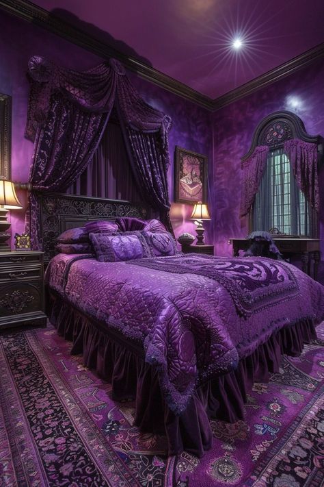 29 Purple Witchy Bedroom Ideas for a Magical Space 23 Vintage Purple Room, Purple Cottagecore Bedroom, Witchy Bedroom Ideas, Witchy Bedroom, Purple Furniture, Purple Drapes, Bedroom Purple, Whimsical Bedroom, Boho Bedroom Design