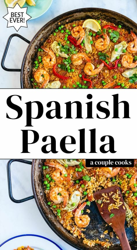 Here's how to make a paella recipe...the Spanish way! This stunning one pan dinner features shrimp, vegetables and all the authentic flavors of this traditional dish. #paella #recipe #paellarecipe #easypaella #bestpaella #classicpaella #shrimppaella Best Paella Recipe Authentic, Paella Recipe Authentic, Easy Spanish Paella Recipe, Chicken Paella Recipe, Best Paella Recipe, Paella Recept, Spanish Paella Recipe, Paella Recipes, Shrimp Paella