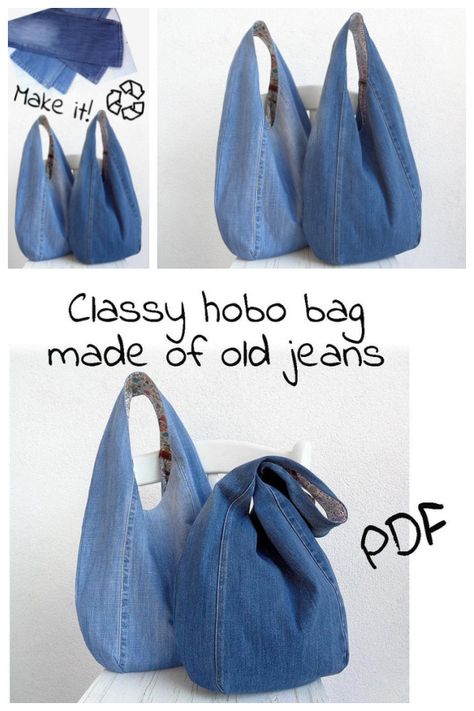 DIY Slouchy Jean Bag Sewing Patterns Återvinna Jeans, Fabric Art Diy, Artisanats Denim, Tas Denim, Jean Diy, Hobo Bag Patterns, Jean Bag, Denim Bag Diy, Denim Bag Patterns