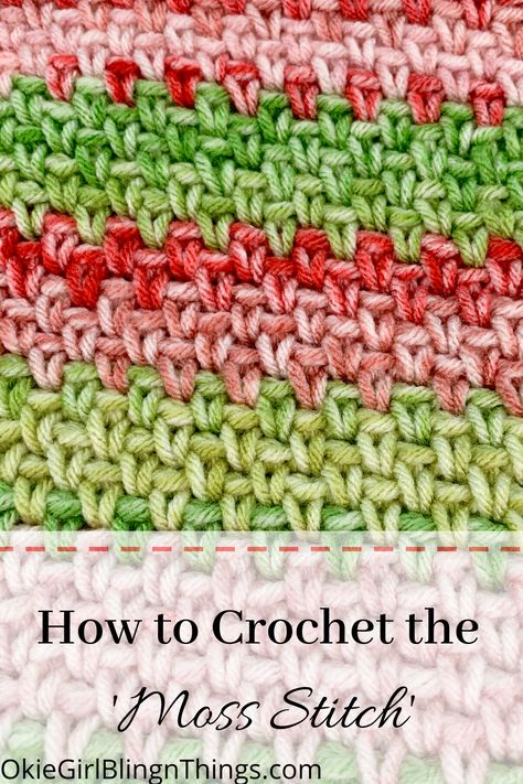 I love how simple the Moss stitch is! It’s made up of 2 stitches, the chain stitch and single crochet. That’s all! It’s a great stitch that gives a completely different look than just regular single crochet, but is easy enough that even beginners could easily grasp this stitch. . #mossstitch #crochetstitches #crochettutorial #howtocrochetthemossstitch Moss Stiches Crochet, Moss Crochet Stitch, Crochet Moss, Moss Stitch Pattern, Knit Bags, Knitting Patterns Free Blanket, Crochet Unique, Confection Au Crochet, Crochet For Beginners Blanket