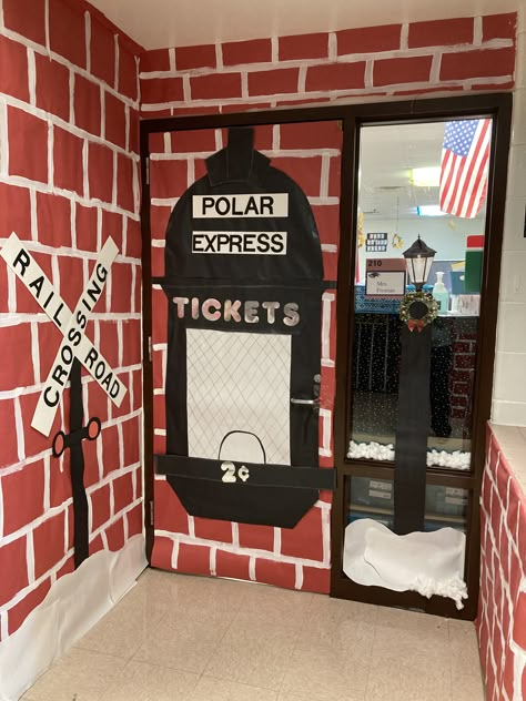 Polar Express Entrance, Polar Express Diy Decorations, Train Station Ticket Booth, Door Ideas For Christmas, Winter Wonderland Office, Polar Express Door, Christmas Cubicle Decor, Office Door Ideas, Christmas Classroom Decorations