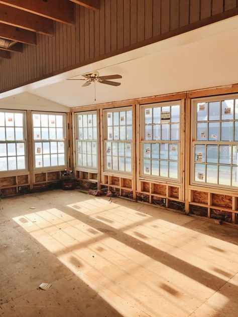 We Have Windows In The Sunroom!! Porch To Sunroom, Farmhouse Sunroom, Sunroom Remodel, Sunroom Windows, Barn Remodel, Anderson Windows, Small Sunroom, All Season Room, Porch Enclosures