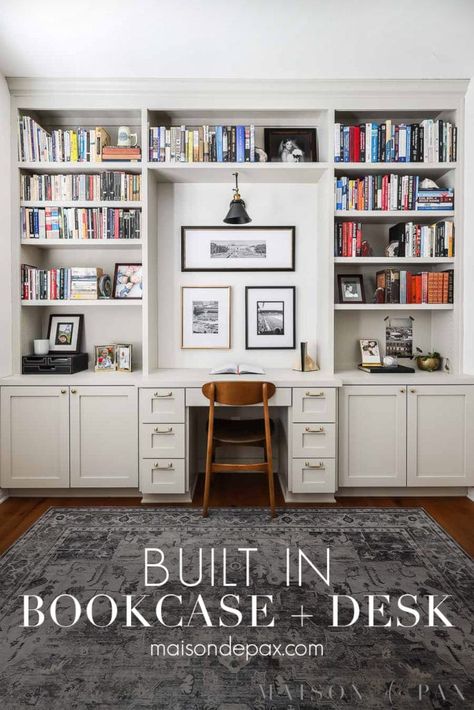 Built In Desk And Shelves, Desk And Shelves, Built In Bookshelves, Comfortable Desk, Office Bookshelves, Office Built Ins, Bookcase Desk, Blackbird Designs, Bookcase Design