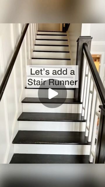 BoutiqueRugs.com on Instagram: "✨If you want to add stair runner, here is the tutorial featuring our Ganyangan washable runner! 📸@revealmydiy" Runner Down Stairs, Bottom Stairs Ideas, White Stairs With Black Runner, Painted Stair Runner Ideas, Stairs At Entry, Basement Stairs Decorating Ideas, Stairwell Runner Ideas, Washable Stair Runner, Stairs With A Runner