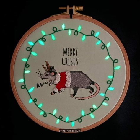 Cross Stitch Designs Meme, Possum Cross Stitch Patterns, Embroidery Patterns Funny, Diy Funny Ornaments, Funny Embroidery Ideas, Sarcastic Embroidery, Sassy Embroidery, Screaming Possum, Merry Crisis