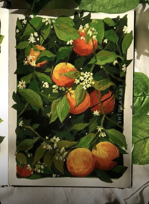 Leaves Gouache Painting, Green And Brown Painting Aesthetic, Oranges Gouache Painting, Guache Fruit Painting, Orange Gouache Painting, Quash Painting Ideas, Guache Art Gouache Painting Aesthetic, Easy Paint Canvas, Gouache Painting Inspiration