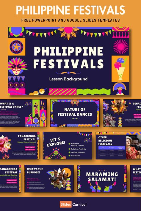 Bring the vibrant culture of the Philippines into your classroom with this multicolored, illustrated color block presentation template. Perfect for teachers, this engaging slideshow template is designed to make learning about Philippine festivals a visual delight. Whether you prefer PowerPoint or Google Slides, this PPT template is packed with eye-catching illustrations that will captivate your students and make your lessons unforgettable. Philippine Festivals, Culture Of The Philippines, Powerpoint Presentation Themes, Slideshow Template, Free Presentation Templates, Classroom Designs, Philippines Culture, Free Powerpoint Templates, Muscular System