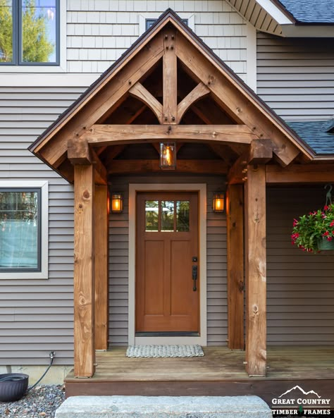 Portico Entry, Timber Frame Porch, Door Overhang, House Awnings, Exterior House Remodel, House Front Porch, Porch Remodel, Porch Addition, Porch Roof