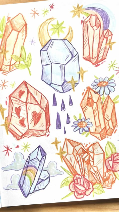 Full Page Art Ideas, Colored Pencil Crystals, Easy Crystal Drawing, Crystal Drawing Ideas, Crystal Cluster Drawing, Crystal Sketch, Draw Crystals, Drawing Of Food, Drawing Crystals